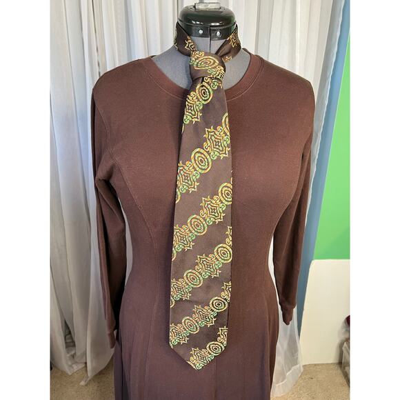 tie groovy 1960s wide geometric yellow green brown - Picture 1 of 13